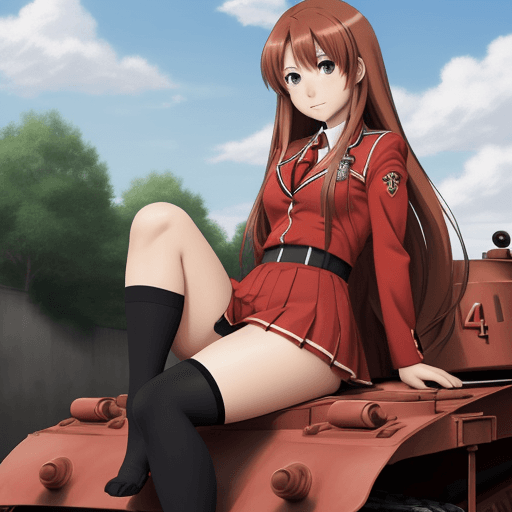 AI generated: taiga aisaka, anime, red school uniform, long hair, sit on tank, T-34, not realism, cartoon, art, fe...