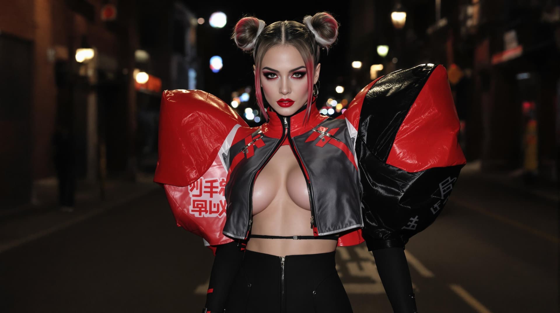 AI generated: A futuristic, cyberpunk-inspired tipical image of harley quin with a bold red and black ensemble. Sh...