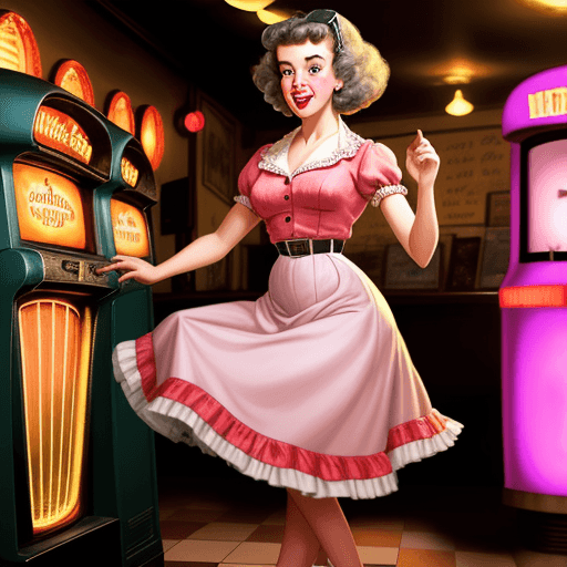 AI generated: A young woman in a 1950s poodle skirt, dancing on a jukebox, in the style of Norman Rockwell.