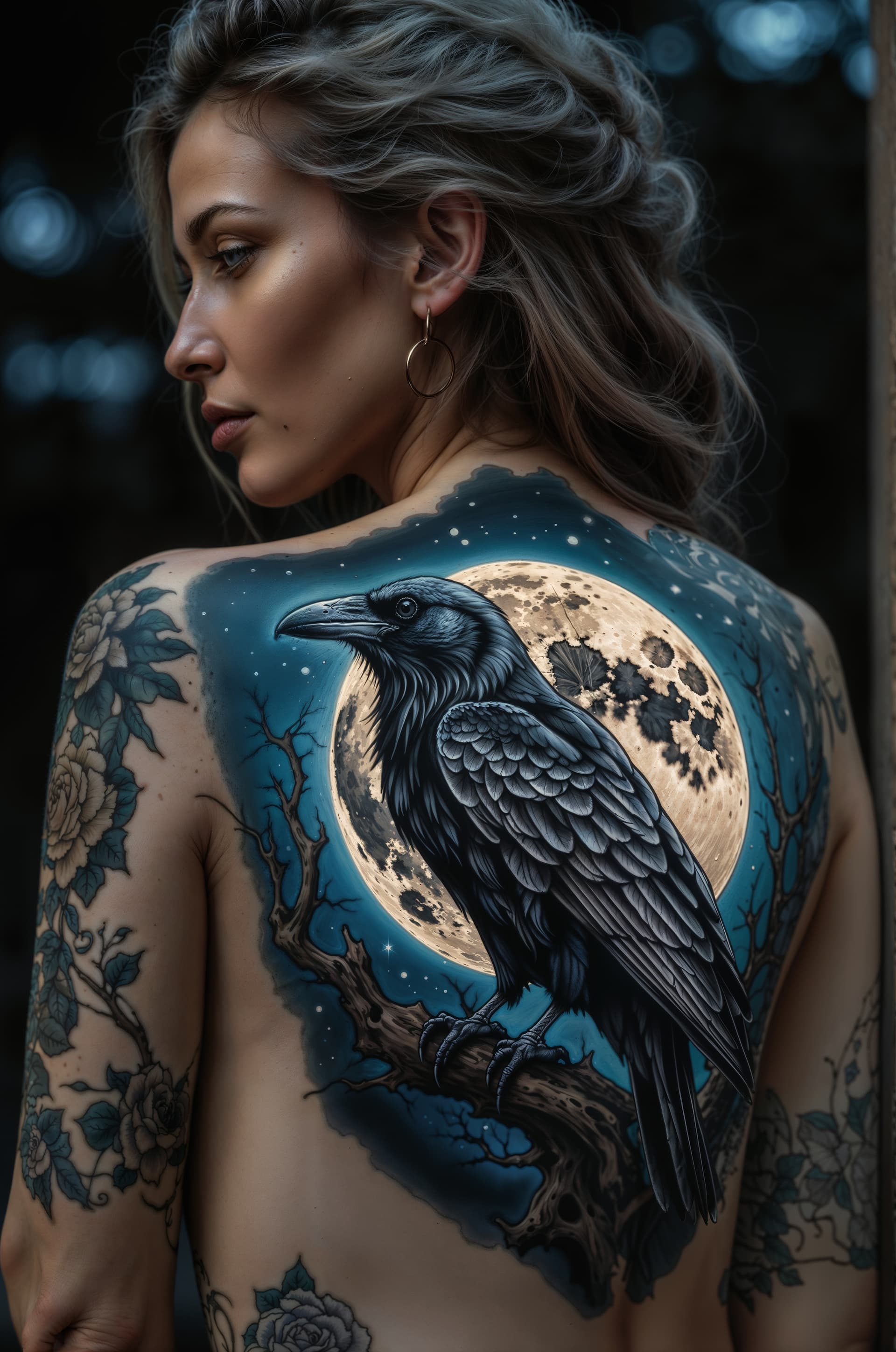 AI generated: Raven tattoo design with a full moon, detailed raven tattooed on a woman's back, 8k hd resolution hy...