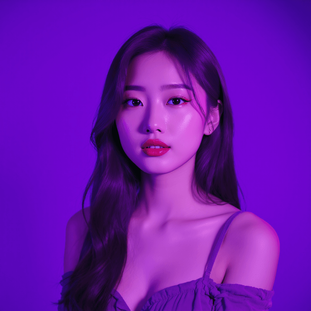 AI generated: photography, purple hue, korean woman model, solid purple backdrop, using a camera setup that mimics...