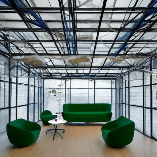AI generated: hyper realistic photo of company office interior design, green house, comfortable atmosphere, blue s...