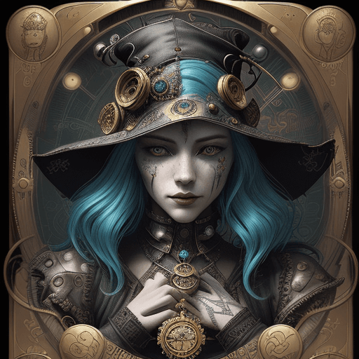 AI generated: tarot card with intricate detailed frame around the outside | clockwork maiden | portrait of cyberpu...