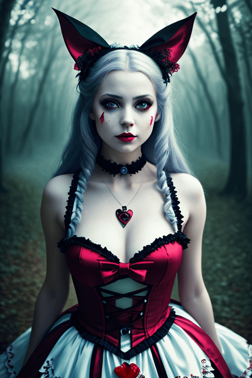 AI generated: a woman dressed as evil alice in wonderland, scary, creepy, looking at viewer, bloody, photography, ...