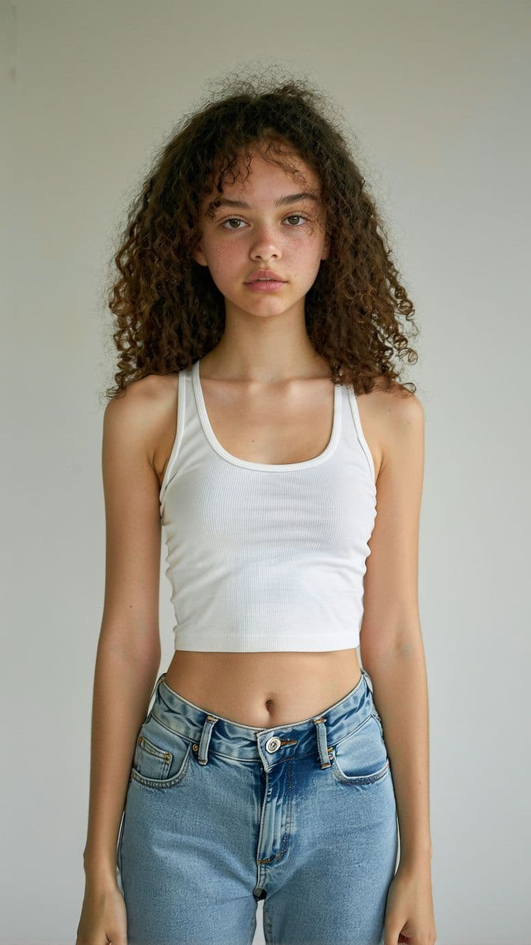 AI generated: A hyperrealistic portrait of an 18-year-old teenage girl with an extremely slim figure, standing in ...