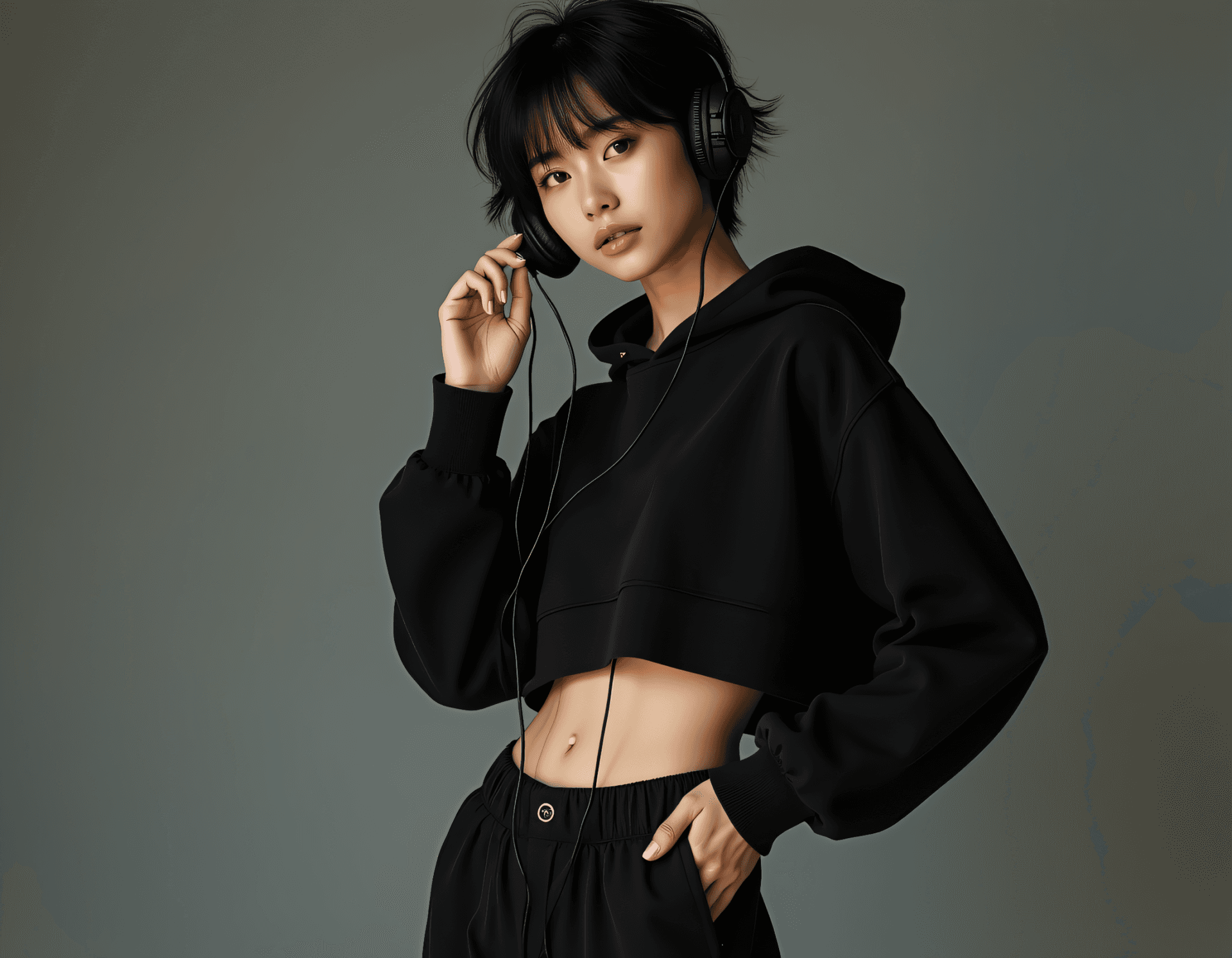 AI generated: advertising poster style a photo of a slim, small breast, flat chest, abs, young asian female superm...