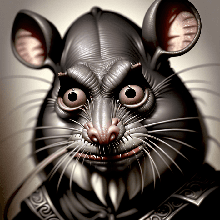 AI generated: An imaginative close-up front view portrait of an old, wise, and scary rat's face.
