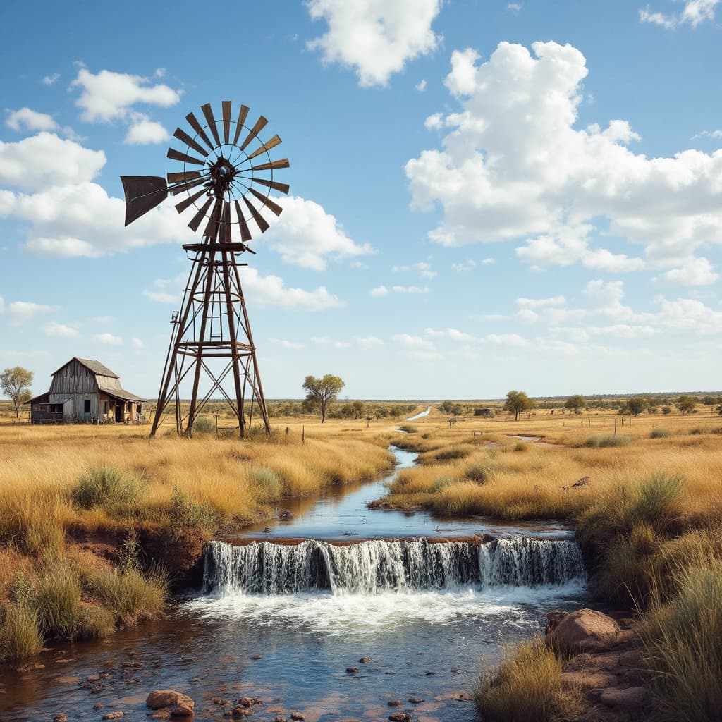 AI generated: windmill in a paddock billabong in the background old shanty and track nearby. Australian outback sc...