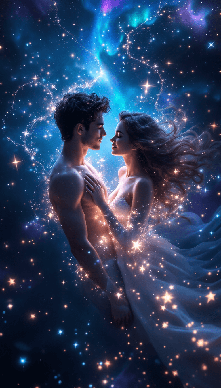 AI generated: A romantic, dreamlike scene of a couple swimming together through the cosmos, surrounded by glowing ...