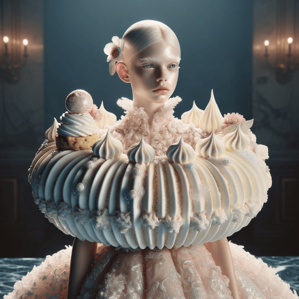 AI generated: Fashion Photography: A hyper-realistic, surreal portrait channeling the Gucci aesthetic. A young gir...