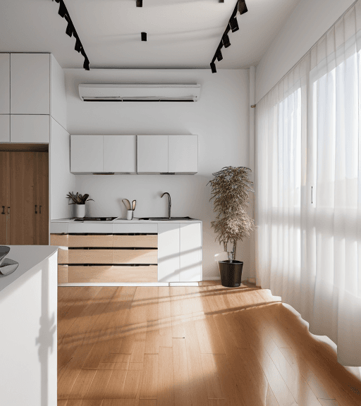 AI generated: High resolution photography of modern apartment interior with wooden floor finishes and white painte...