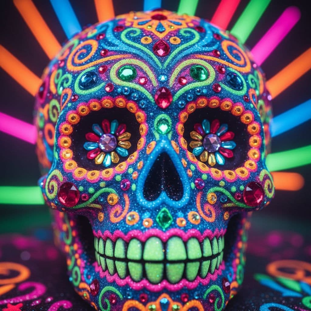 AI generated: “Close-up of a decorated sugar skull with intricate patterns, sparkling gemstones, and vivid neon co...