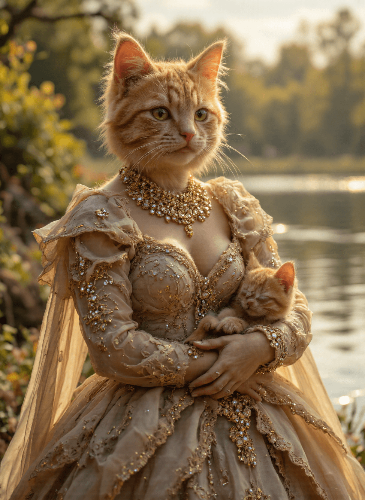 AI generated: 
The image depicts an anthropomorphic mother cat dressed in elaborate attire, set against a serene ...