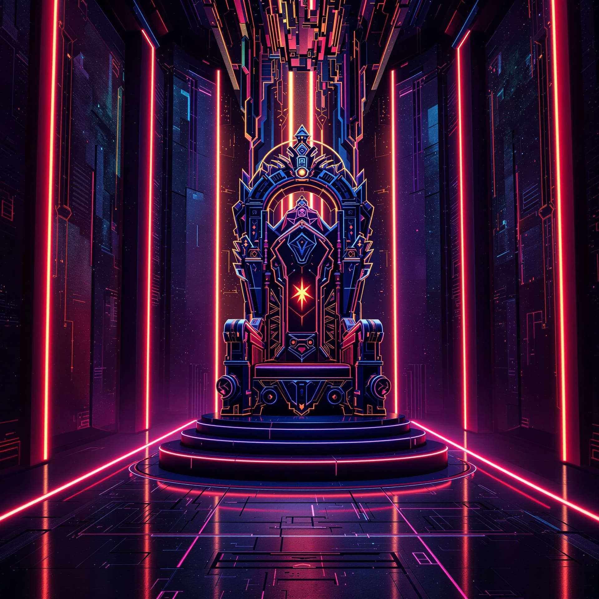 AI generated: futuristic abstract NEON KINGS throne in a dark neon lit abstract room