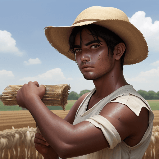 AI generated: Younger Ram working in the fields, sweating under the hot sun. ram is a man