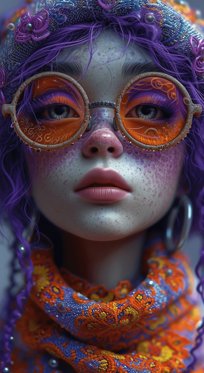 AI generated: cartoon girl with glasses, purple, in the style of natalie shau, dark orange and red, junya watanabe...