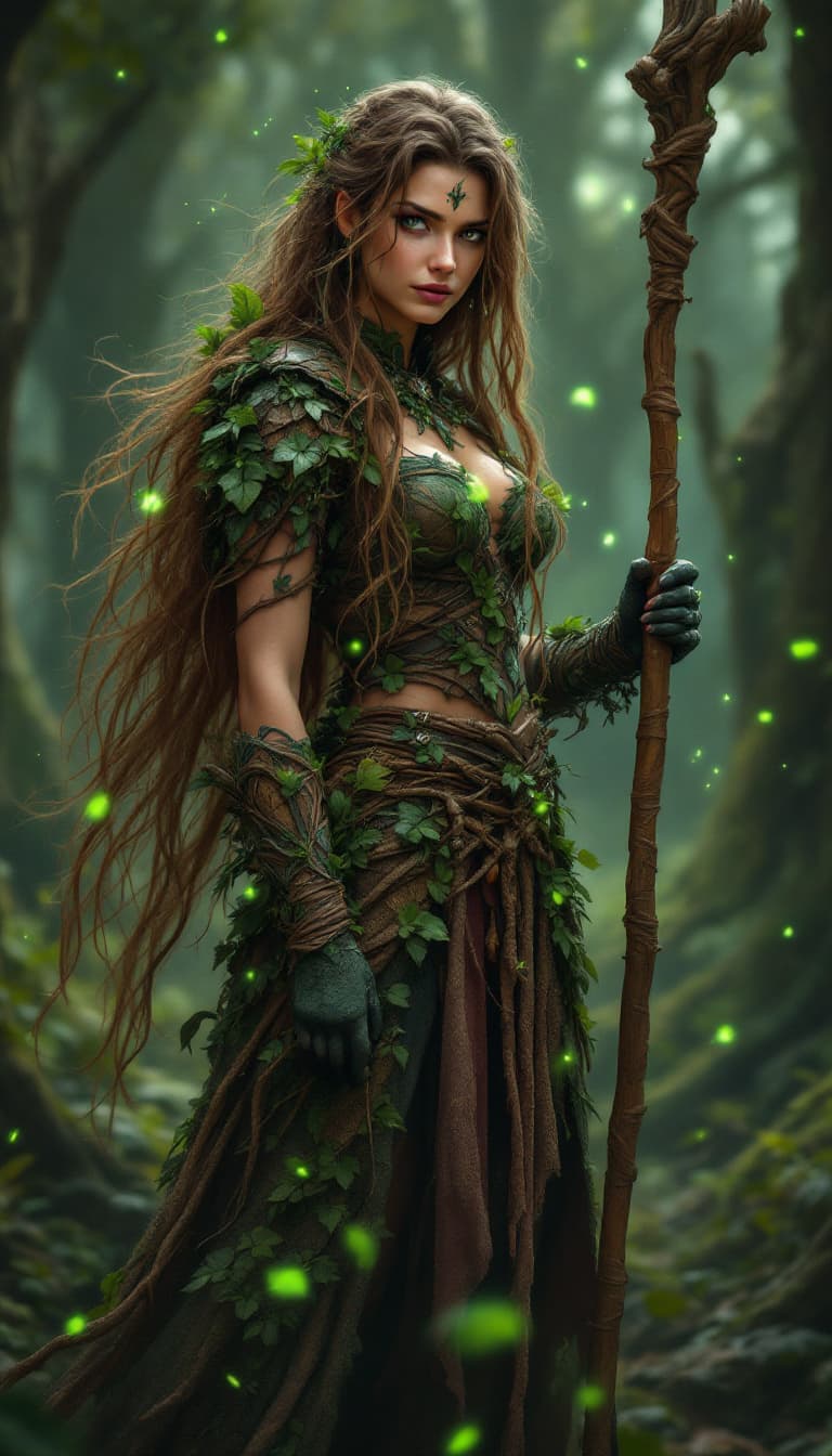 AI generated: Dynamic angle, full body view, realistic, female druid warrior, long, tangled brown hair, nature-inf...