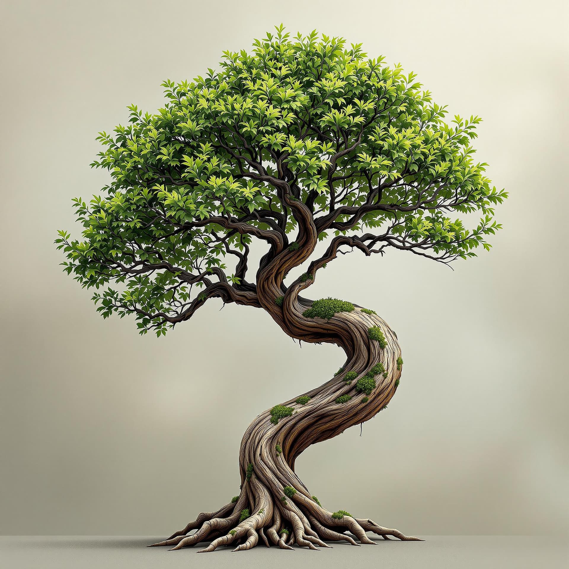 AI generated: The image features a single, intricately detailed tree with a twisted trunk and a lush canopy of gre...