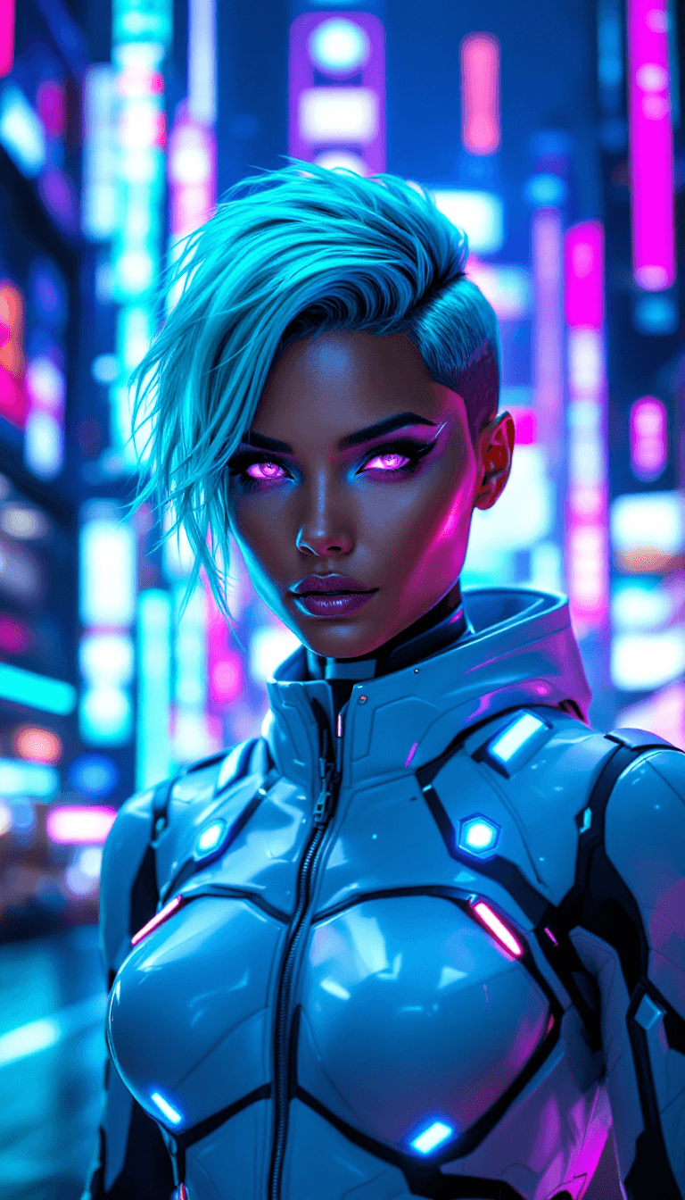 AI generated:  A bold and innovative character with vibrant turquoise hair styled into a sleek and sharp geometric...