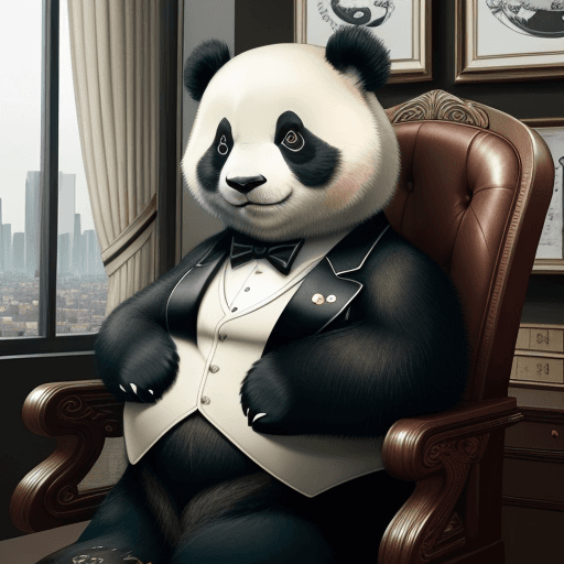 AI generated: A panda dressed in executive attire, sitting confidently in a president's chair in a luxurious offic...