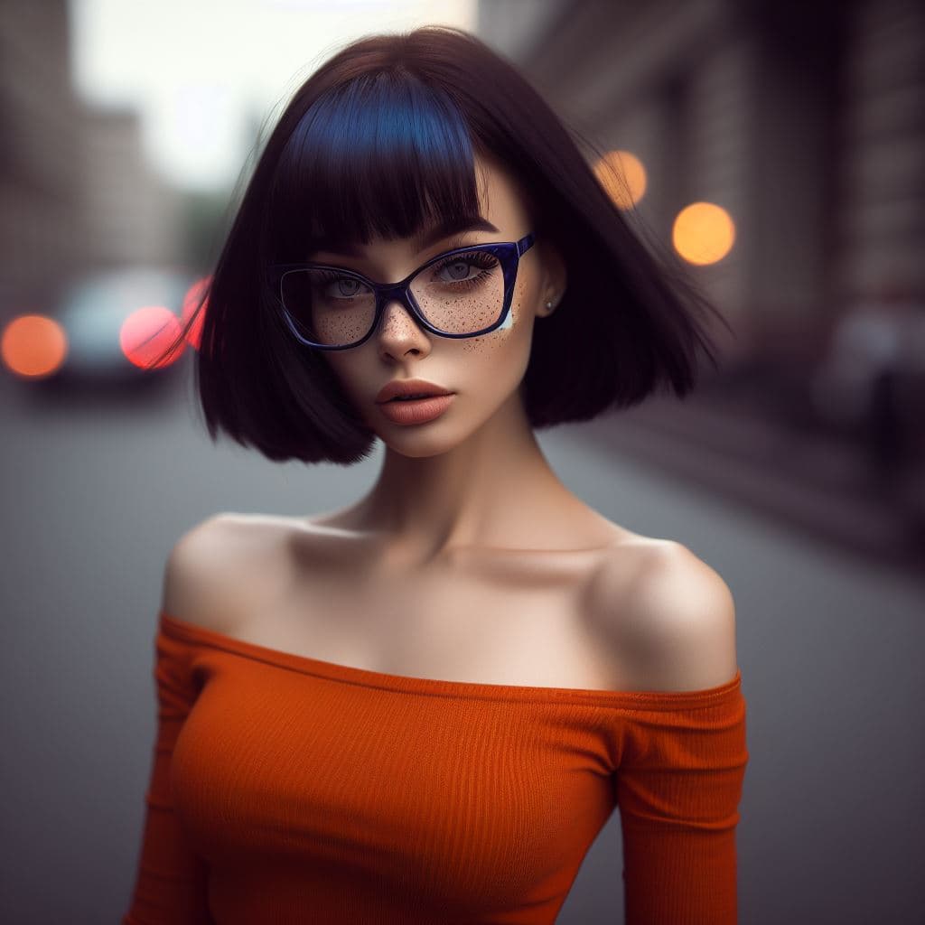 AI generated: professional portrait, goth girl, velma from scooby-doo, a girl wearing eye glasses and an orange to...