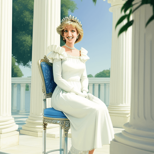 AI generated: Beutiful Princess Diana smiling and sitting on a stool, White palace, bright, pillars, purity, plant...