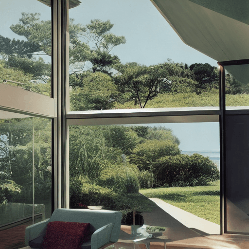 AI generated: Hyper realistic eye level exterior photo of a mid century modern style house overlooking the ocean, ...