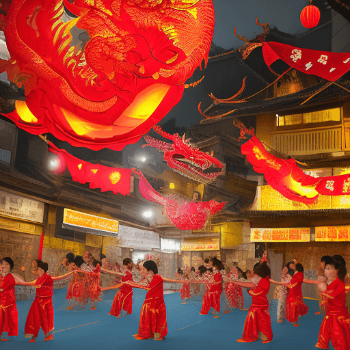 AI generated: Create a highly detailed and dynamic digital painting of the traditional dragon dance being performe...