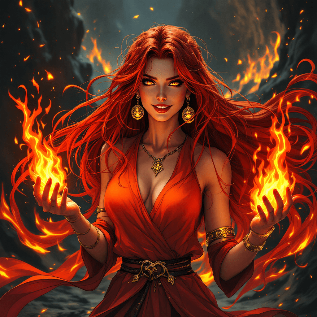 AI generated: 25. The Phoenix Flame Weaver: A passionate mage with long, flowing, vibrant red hair that moves like...