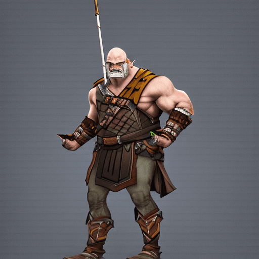 AI generated: full body, walking pose, slow motion, bald half-orc barbarian with an eye-patch, masculine, muscular...