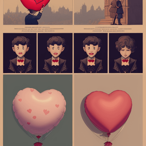 AI generated: a poster depicts a boy holding a heart shaped balloon, in the style of sketchfab, poodlepunk, warm t...