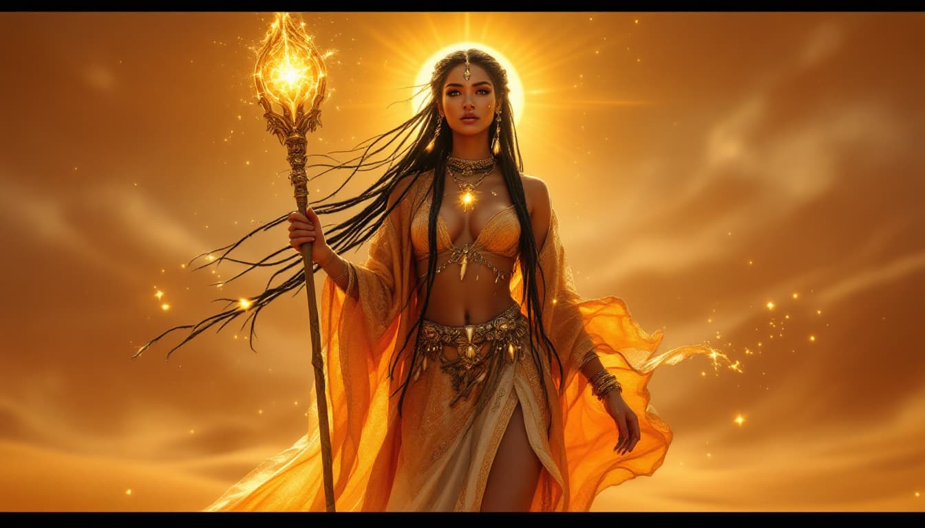 AI generated: An ultra-realistic, full-body view of a mesmerizing desert prophetess woman, radiating ancient wisdo...