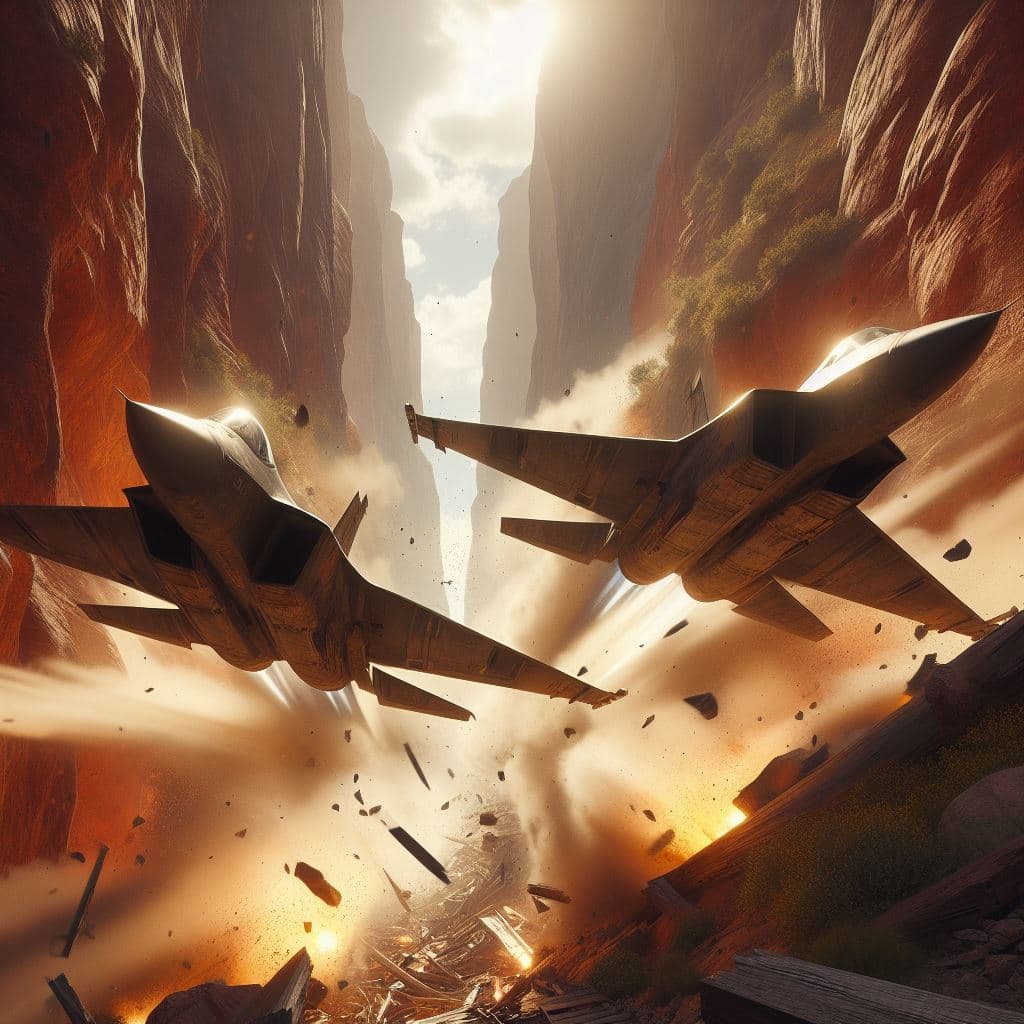 AI generated: A digital CGI image depicting a dramatic scene of two fighter jets crashing into a narrow canyon, ca...
