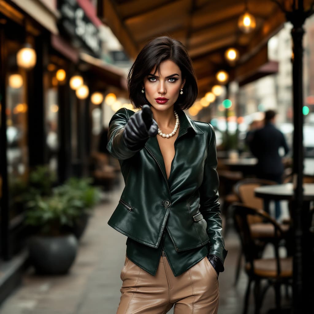 AI generated: 46 year old elegant, angry, confident caucasian lady with dark hair in a bob cut, blue eyes. Wearing...