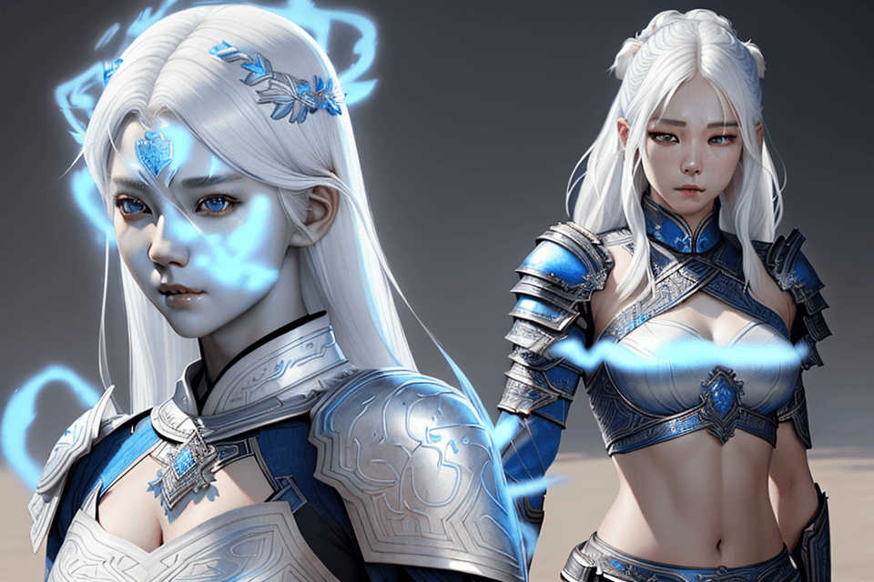 AI generated: white hair, intricate azure armor, detailed gorgeous face, beautiful young South Korean girl, medium...
