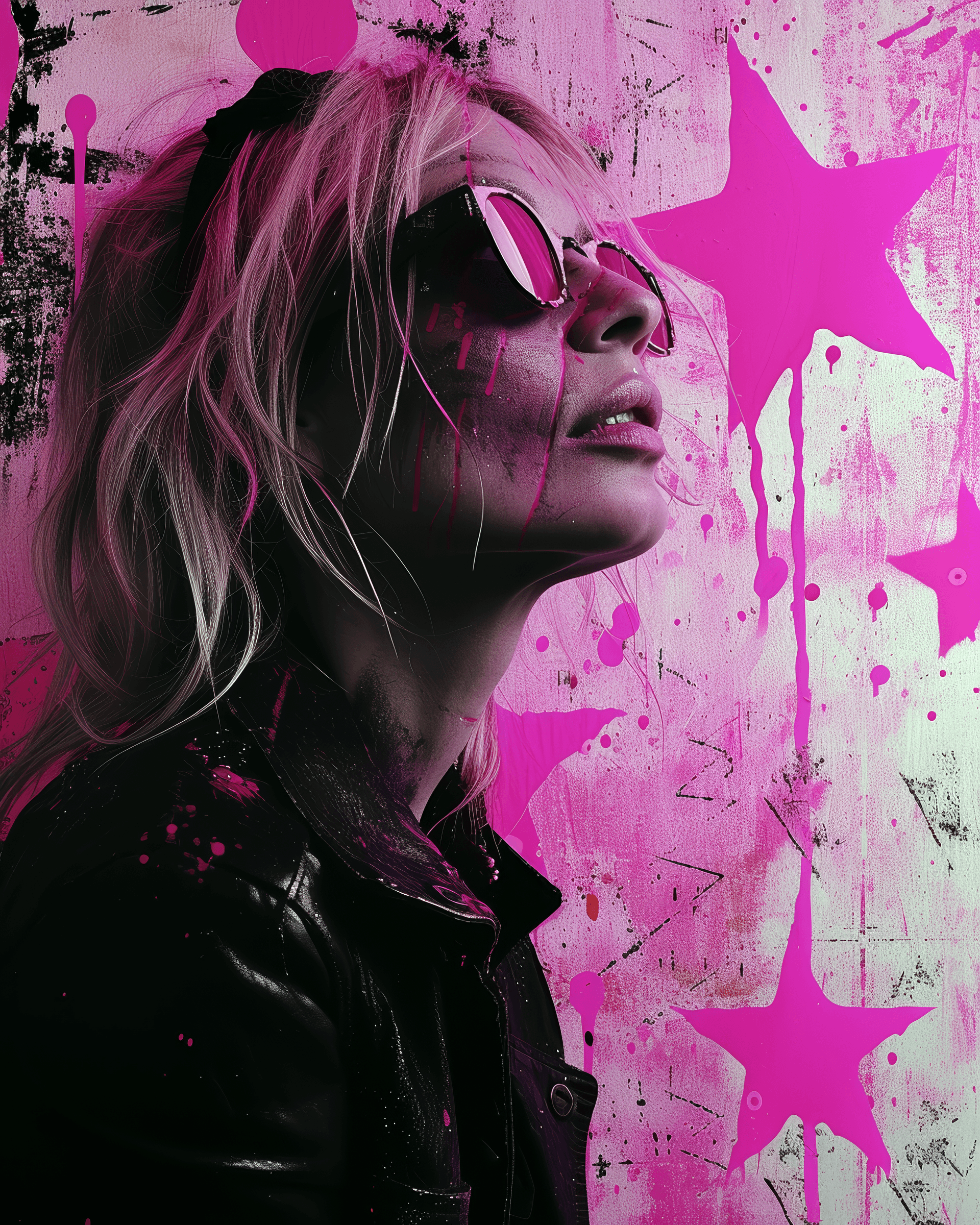 AI generated: a woman with blond hair and pink stars on her face, in the style of photomontage, vibrant colorist, ...