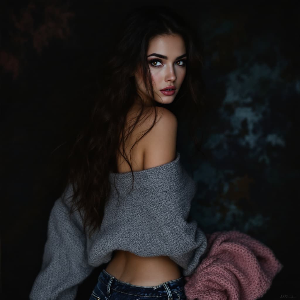 AI generated: Lilly Stokes33,dramatic_atmosphere_of_rich_dark_colors,hair_cascading_down_back,wearing_worn_faded_b...