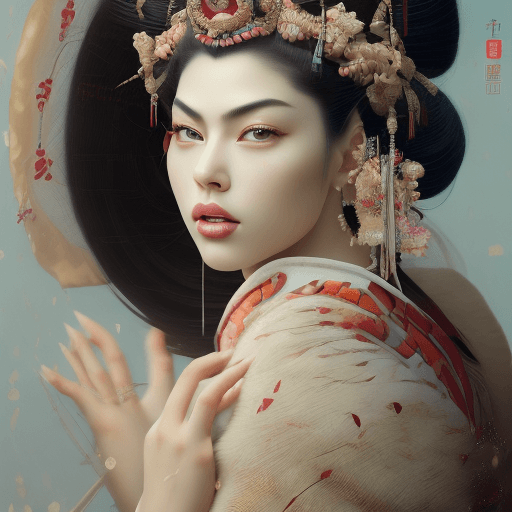 AI generated: High resolution photography, An art piece of Valentina Nappi as a beautiful geisha, looking over her...
