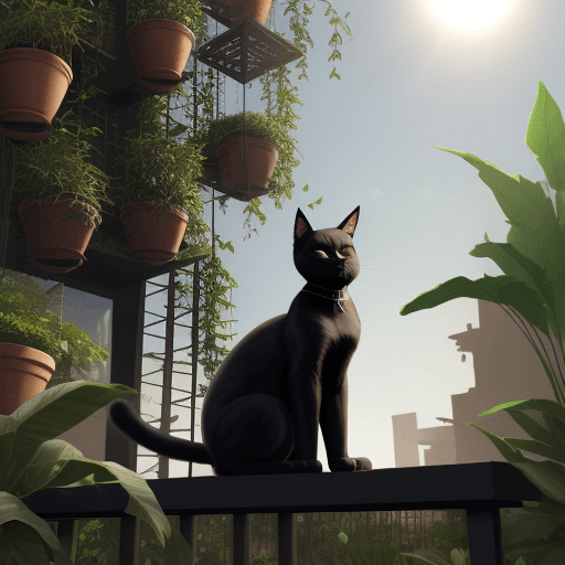 AI generated: A black cat is watching over the hanging garden in babylon. The sun is up. Plants are large. Humidit...