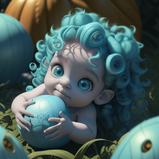 AI generated: A still from a 3d Disney movie of a very cute little baby monster with light blue and green curly wa...