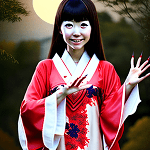AI generated: photo of realistic japanese girl wearing kaftan with vampire hands