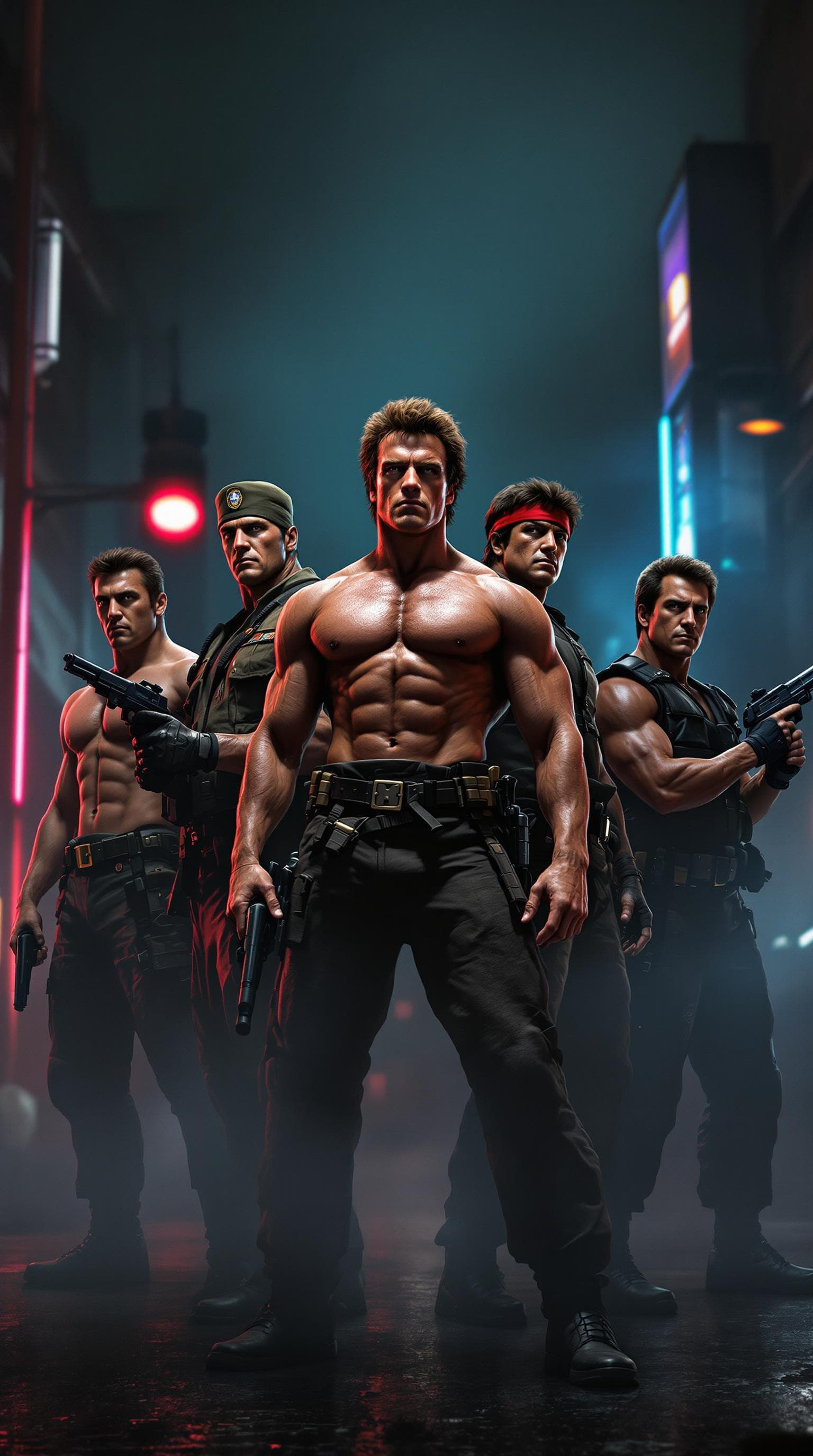 AI generated: A hyperrealistic 80s-style cinematic scene featuring iconic 80s action stars in dynamic combat-ready...