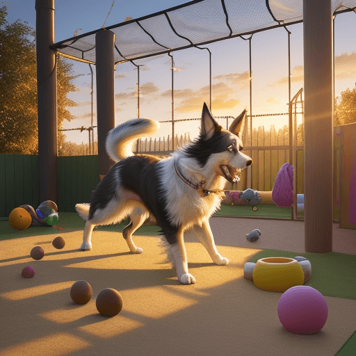 AI generated: Hyper realistic eye level exterior photo of An exuberant border collie dog playing with various pet ...