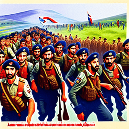 AI generated: A colorful and cheerful picture in the style of Spielberg movie posters where a troop of Armenian so...