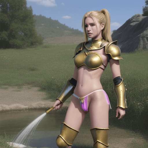 AI generated: female, urinating, skimpy armor, urine, urinating through panty