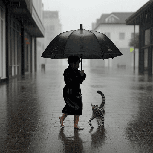 AI generated: A small, black-and-white spotted kitten walks alone in the rain, its fragile body drenched as water ...