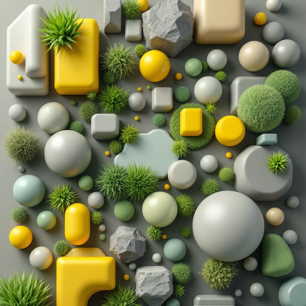 AI generated: 3D geometric shapes, grassy greens and bright yellows, extreme greys, various smooth textures, trans...