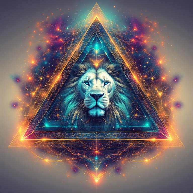 AI generated: White lion inside a sacred geometric triangle, surrounded by intricate fractal patterns, golden rati...
