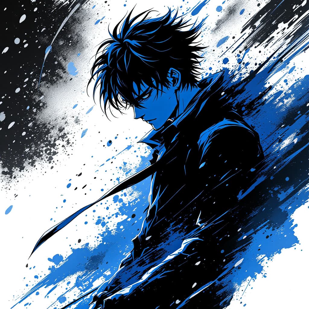 AI generated: Anime  poster, a male character in black, white, and blue, in the style of Yoh Nagao, light-focused ...
