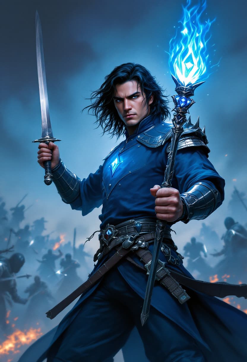 AI generated: Book cover-quality, battle scene, a few armored samurai and ninjas fighting a few soldiers in blue-g...